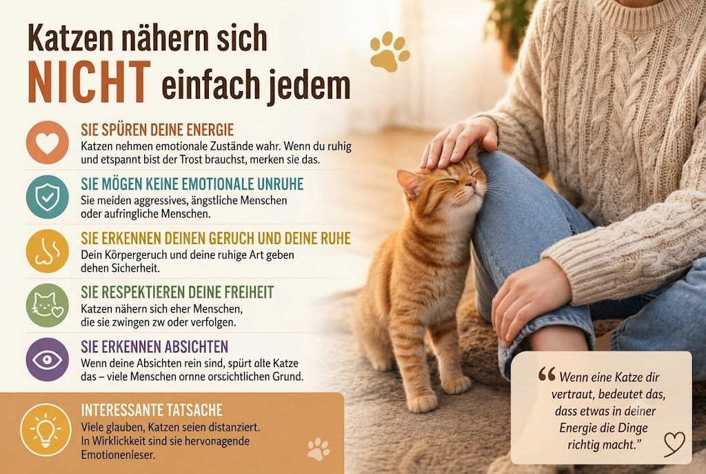 Eine Infografik auf Deutsch darüber, warum Katzen bestimmte Menschen auswählen. Ein Mensch streichelt eine getigerte Katze. Text erklärt Katzenverhalten und emotionale Bindung.