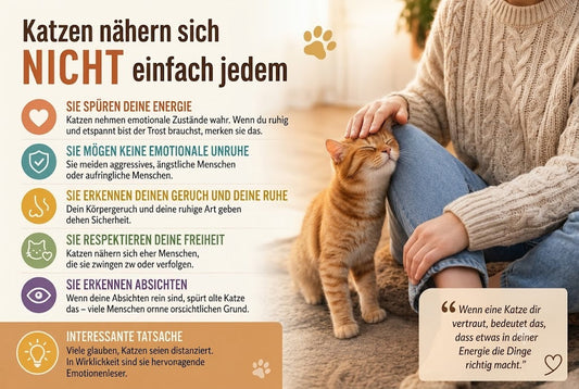 Eine Infografik auf Deutsch darüber, warum Katzen bestimmte Menschen auswählen. Ein Mensch streichelt eine getigerte Katze. Text erklärt Katzenverhalten und emotionale Bindung.