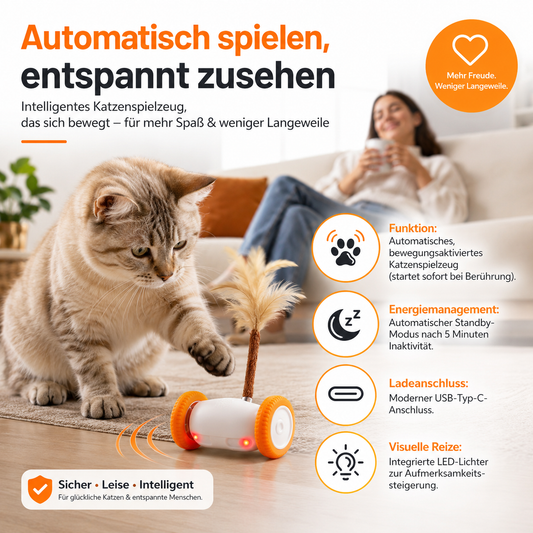 Eine Katze spielt selbstständig mit einem intelligenten, bewegungsaktivierten Katzenspielzeug auf Rollen mit Federaufsatz und LED-Lichtern, während die Besitzerin entspannt auf dem Sofa sitzt. Große Überschrift: „Automatisch spielen, entspannt zusehen“. Hervorgehobene Funktionen: Start bei Berührung, automatischer Standby nach 5 Minuten Inaktivität, USB-Typ-C-Anschluss und integrierte LED-Lichter. Ideal für Beschäftigung, wenn der Besitzer keine Zeit zum Spielen hat.