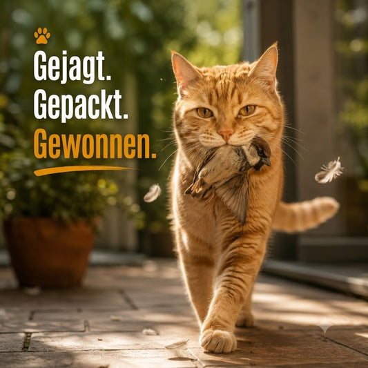 Eine selbstbewusste rot getigerte Katze trägt einen realistisch aussehenden Spatz im Maul und blickt mit sichtbarer Zufriedenheit direkt nach vorn. Einzelne Federn ragen natürlich aus ihrem Maul und liegen auf dem Boden. Warmes Sonnenlicht, ein weich verschwommener Gartenhintergrund und kräftige Farben erzeugen eine emotionale, hochwertige Szene. Links steht der auffällige Schriftzug: „Gejagt. Gepackt. Gewonnen.“ – als Symbol für den erfüllten Jagdinstinkt der Katze.
