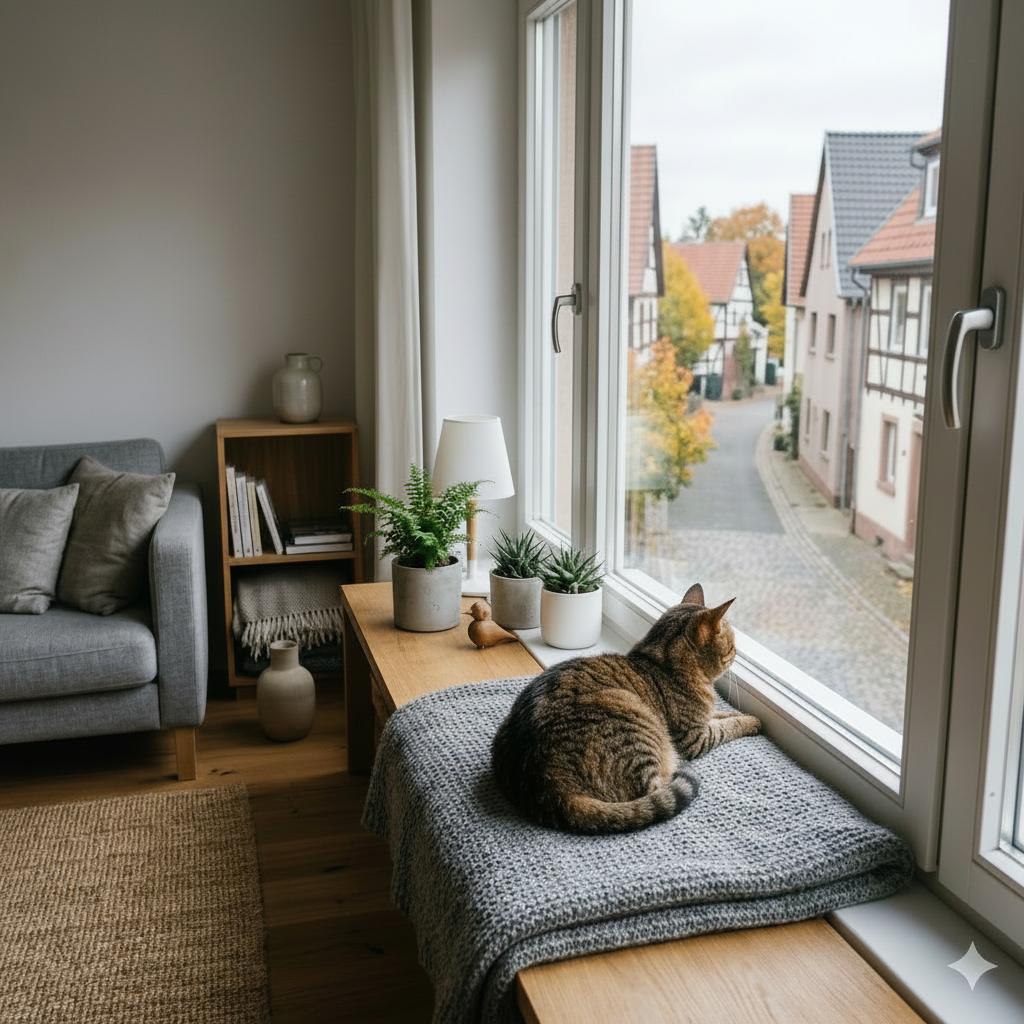 Eine getigerte Katze sitzt allein auf einer gemütlichen Fensterbank im skandinavischen Wohnzimmer und schaut sehnsüchtig aus dem Fenster auf eine ruhige deutsche Straße.