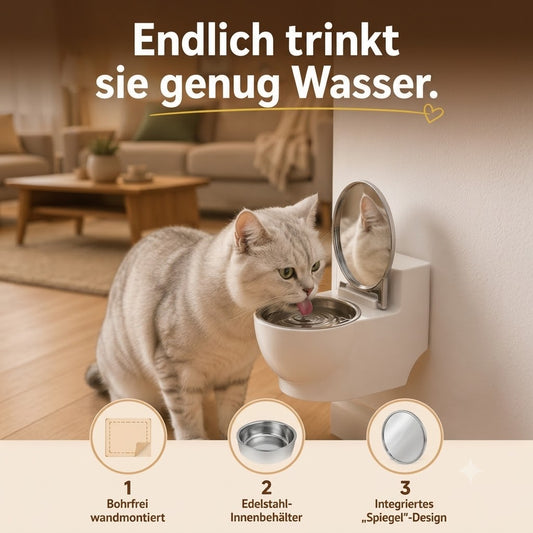 Eine silbergraue Hauskatze trinkt entspannt aus einem wandmontierten Wassernapf mit Edelstahl-Innenbehälter und integriertem Spiegel in einem gemütlichen, hellen Wohnzimmer. Die Szene zeigt eine alltagsnahe Wohnumgebung und verdeutlicht, wie der Napf trinkfaule Katzen zum häufigeren Trinken motivieren kann. Oben steht der Hinweis „Endlich trinkt sie genug Wasser“. Unten werden die Vorteile hervorgehoben: bohrfreie Wandmontage, Edelstahl-Innenbehälter und integriertes Spiegeldesign.