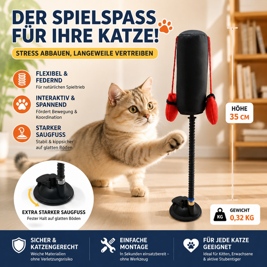 Interaktives Katzen-Spielzeug mit flexiblem Federstab und starkem Saugnapf für Wohnungskatzen. Eine neugierige Katze spielt aktiv mit dem auf dem Boden befestigten Spielzeug in einem hellen Wohnzimmer. Die robuste Konstruktion sorgt für langanhaltenden Spielspaß, fördert Bewegung, Beschäftigung und den natürlichen Jagdinstinkt. Ideal gegen Langeweile und für tägliche Aktivität von Kitten und erwachsenen Katzen.