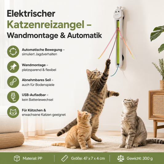 Elektrischer Katzenreizangel zur Wandmontage in einem modernen Wohnzimmer. Drei Katzen spielen aktiv mit den automatisch bewegten bunten Bändern des interaktiven Katzenspielzeugs. Großes deutsches Titel-Layout: „Elektrischer Katzenreizangel – Wandmontage & Automatik“. Links sind Symbole mit den Vorteilen dargestellt: automatische Bewegung zur Simulation des Jagdverhaltens, platzsparende Wandmontage, abnehmbares Seil für Bodenspiele, USB-aufladbar ohne Batteriewechsel sowie geeignet für Kätzchen und erwachse