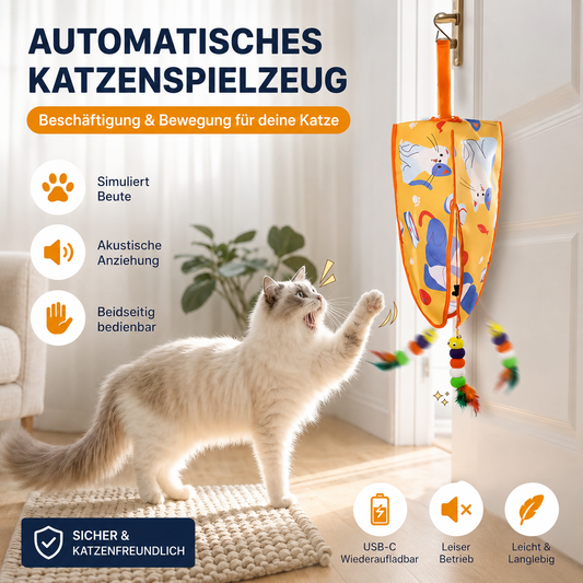 Eine flauschige Hauskatze spielt begeistert mit einem automatischen Katzenspielzeug, das an einer Tür befestigt ist. Das interaktive Spielzeug bewegt bunte Federanhänger selbstständig und regt den natürlichen Jagdinstinkt der Katze an. Helles Wohnzimmer mit natürlichem Tageslicht und moderner Einrichtung. Die Grafik hebt Vorteile wie simulierte Beutebewegung, akustische Reize, USB-C-Wiederaufladung, leisen Betrieb sowie sichere, katzenfreundliche Materialien hervor.