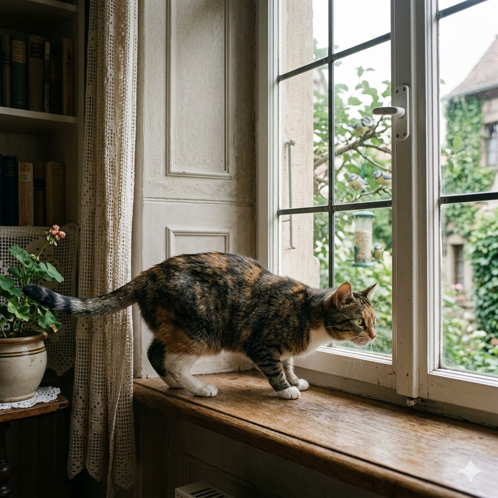 Getigerte Katze blickt konzentriert durch ein weißes Sprossenfenster nach draußen, Jaginstinkt, Vintage-Interieur mit Bücherregal.