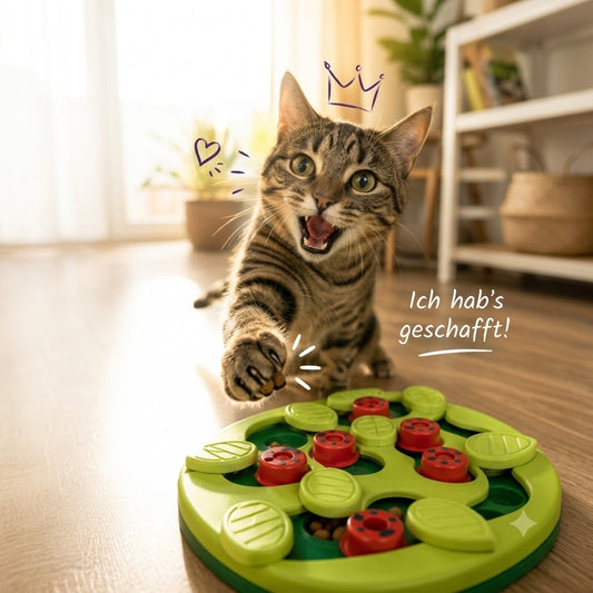 Dieser Moment der Erleichterung, wenn das Leckerli endlich raus ist – das ist kein Zufall, das ist Leistung. Das Futter-Labyrinth gibt deiner Katze echte Erfolgserlebnisse. Das stärkt das Selbstvertrauen und macht Lust auf mehr. 👉 Für stolze Katzen