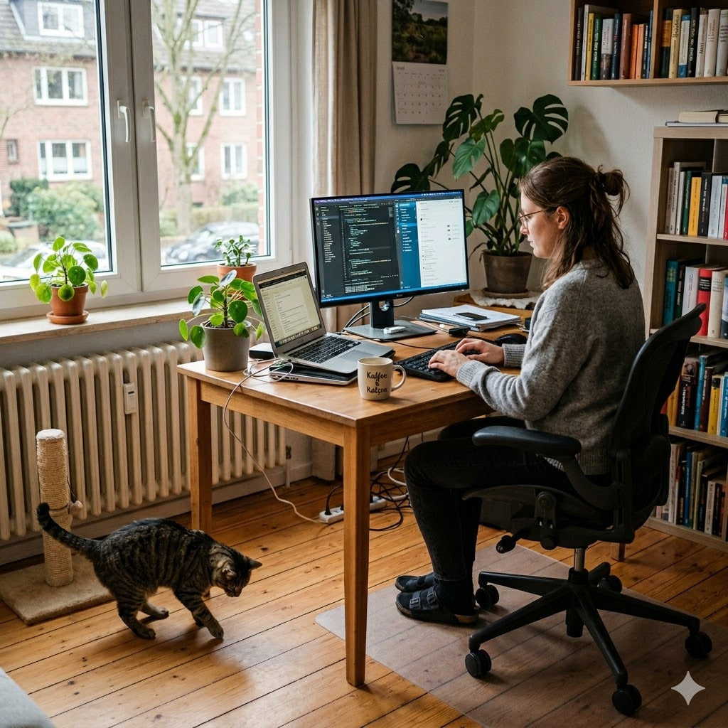Eine Frau arbeitet im Homeoffice am Schreibtisch mit Laptop und Monitor, während eine getigerte Katze auf dem Holzboden spielt.
