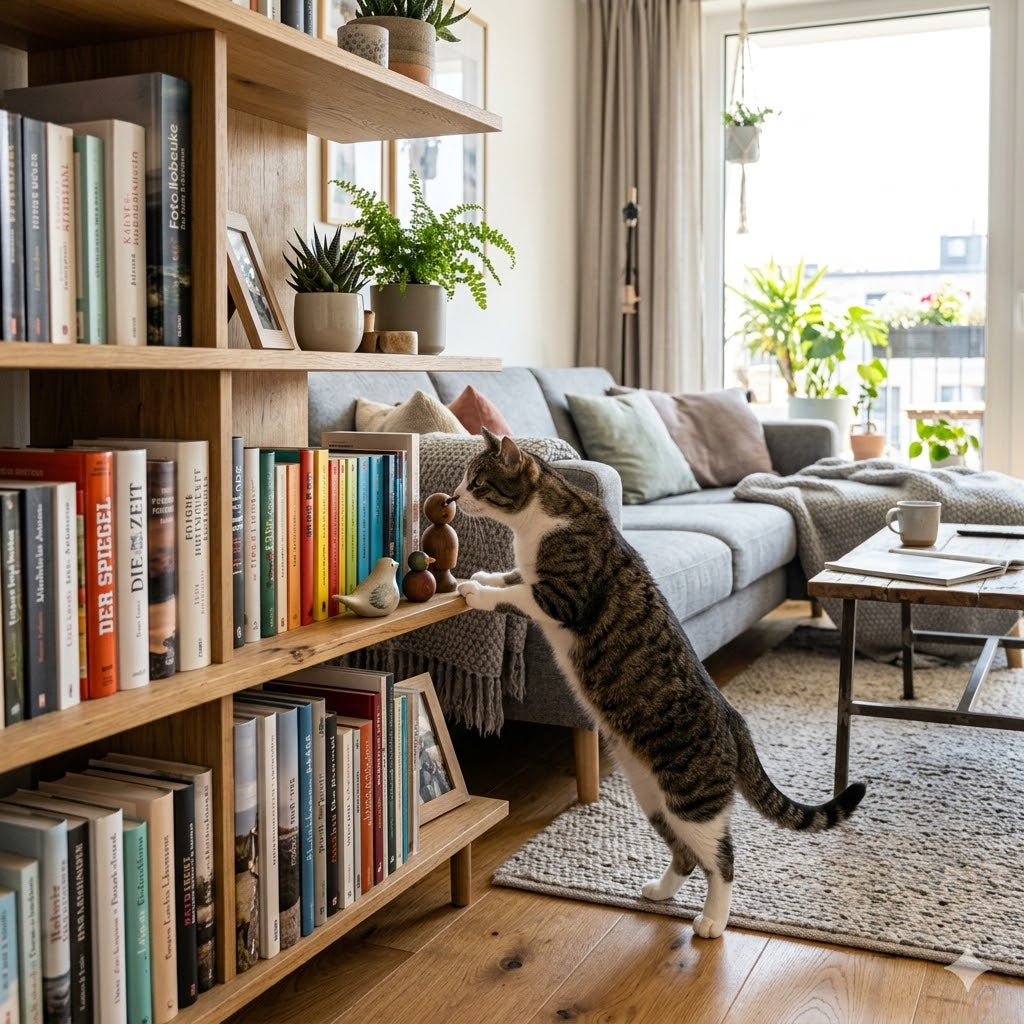 Getigerte Katze erkundet ein helles, modernes Wohnzimmer im deutschen Stil und schnuppert an einem Holzregal