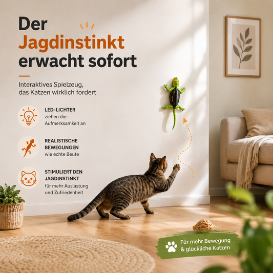 Interaktive Katze spielt mit einer grünen Kletterechse an der Wand. Das intelligente Spielzeug mit LED-Lichtern und realistischen Bewegungen weckt den Jagdinstinkt, fördert Bewegung und sorgt für artgerechte Beschäftigung von Wohnungskatzen.
