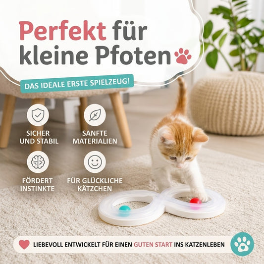 Ein neugieriges orange-weißes Kätzchen spielt mit einer interaktiven weißen Katzenspielbahn mit zwei bunten Bällen auf einem weichen Teppich in einem hellen Wohnraum. Die Grafik enthält den Text „Perfekt für kleine Pfoten“ sowie Hinweise wie „Das ideale erste Spielzeug“, „Sicher und stabil“, „Fördert Instinkte“, „Sanfte Materialien“ und „Für glückliche Kätzchen“. Ideal als erstes Spielzeug für frisch eingezogene Kitten.