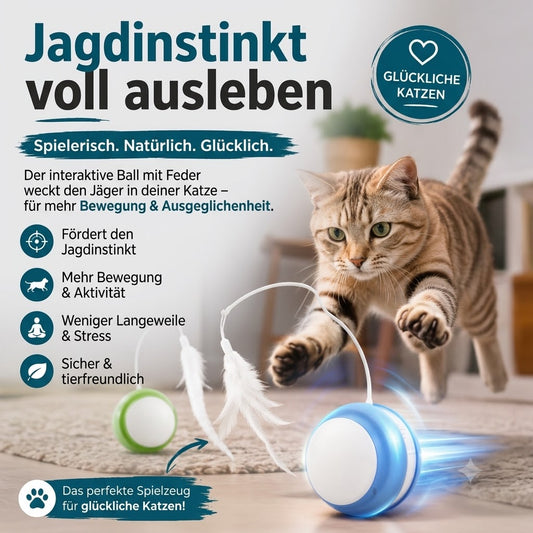Eine verspielte Hauskatze springt mit ausgestreckten Pfoten nach einem interaktiven Spielball mit Federaufsatz. Der automatisch rollende Ball regt den natürlichen Jagdinstinkt an und sorgt für Bewegung, Beschäftigung und mentale Auslastung. Die Szene zeigt ein modernes Wohnzimmer mit heller Atmosphäre. Große Überschrift: „Jagdinstinkt voll ausleben“. Ideal für aktive Katzen, die spielerisch ihre Instinkte trainieren und Langeweile vermeiden.