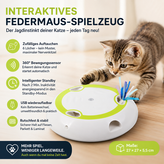 Das interaktive Federmaus-Spielzeug von petgluck.com simuliert echte Beutejagd: Plastik-Federmäuse tauchen zufällig aus 6 Löchern auf – kein Muster, keine Vorhersage, maximaler Nervenkitzel. Der eingebaute 360°-Bewegungssensor erkennt, wenn deine Katze sich nähert, und aktiviert das Spielzeug automatisch. Nach 2 Minuten Inaktivität wechselt es in den Standby, um Energie zu sparen. Einfach per USB aufladen – kein ständiger Batteriewechsel. Die rutschfeste Unterseite hält auf Fliesen, Parkett und Laminat sich