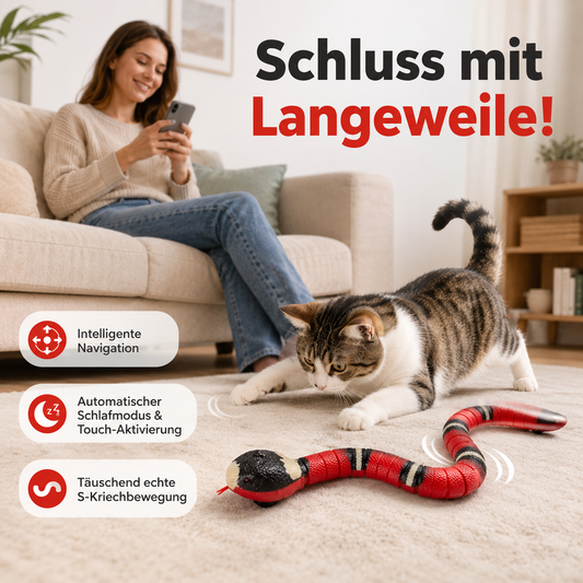 Interaktive Spielzeugschlange für Katzen in einem gemütlichen Wohnzimmer. Links sitzt die Haustierbesitzerin entspannt auf dem Sofa und nutzt ihr Smartphone, während rechts eine Katze begeistert mit der realistisch gestalteten Schlange spielt. Großes deutsches Titel-Overlay: „Schluss mit Langeweile“. Hervorgehobene Funktionen: „Intelligente Navigation“, „Automatischer Schlafmodus & Touch-Aktivierung“ und „Täuschend echte S-Kriechbewegung“.