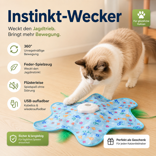 Interaktives Katzenspielzeug „Instinkt-Wecker“ auf hellem Holzboden in einem modernen Wohnzimmer. Eine flauschige Katze spielt aufmerksam mit der weichen, sternförmigen Spielmatte, unter der sich rotierende Federn unregelmäßig bewegen und den Jagdinstinkt anregen. Die Gestaltung hebt natürliche Bewegung, selbstständige Beschäftigung, leisen Betrieb und aktiven Spielspaß für Wohnungskatzen hervor.