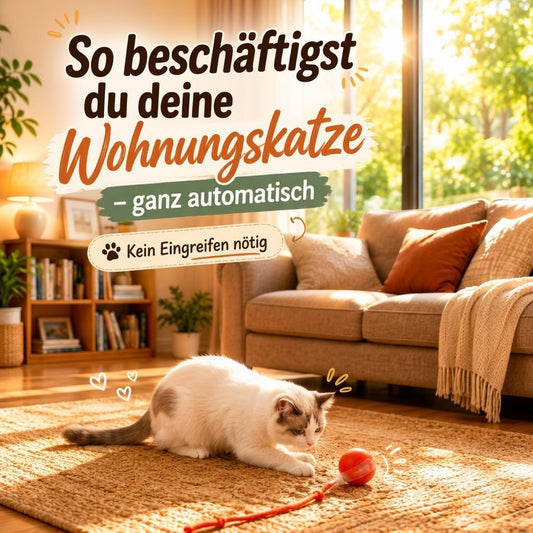 Gemütliches Wohnzimmer mit einer weißen Katze, die auf einem Teppich mit einem interaktiven Spielzeug spielt. Der Pin zeigt Tipps zur automatischen Beschäftigung von Wohnungskatzen.