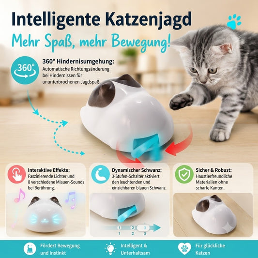 Interaktives Katzenspielzeug in Form einer weißen Katze mit braunen Ohren und leuchtendem blauem Schwanz auf hellem Holzboden. Eine verspielte graue Katze nähert sich neugierig dem Spielzeug. Grafiken zeigen die 360°-Hindernisumgehung mit automatischer Richtungsänderung. Infobereiche heben interaktive Lichteffekte, 8 verschiedene Miauen-Sounds, einen einziehbaren leuchtenden Schwanz mit 3-Stufen-Schalter sowie sichere, haustierfreundliche Materialien ohne scharfe Kanten hervor.