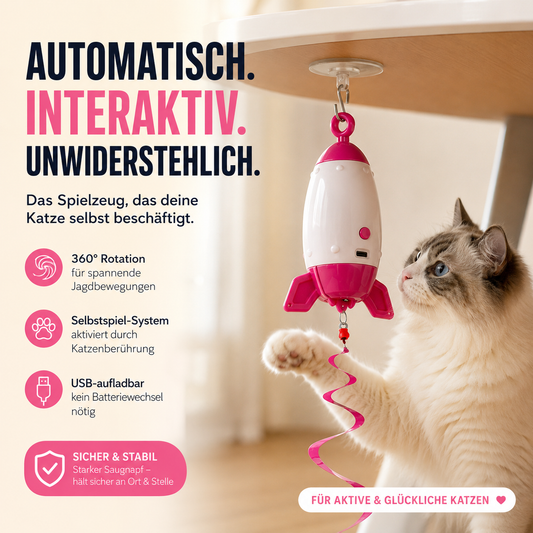 Interaktives, raketenförmiges Katzenspielzeug in Weiß und Pink mit Saugnapf-Befestigung unter einer Tischplatte. Eine flauschige Katze spielt aufmerksam mit dem rotierenden Spielzeug und dem hängenden Band. Das Spielzeug ist USB-aufladbar, dreht sich um 360° und fördert den natürlichen Jagdinstinkt sowie die Bewegung von Wohnungskatzen. Modernes Design für selbstständige Beschäftigung, langanhaltenden Spielspaß und aktive, glückliche Katzen im Zuhause.
