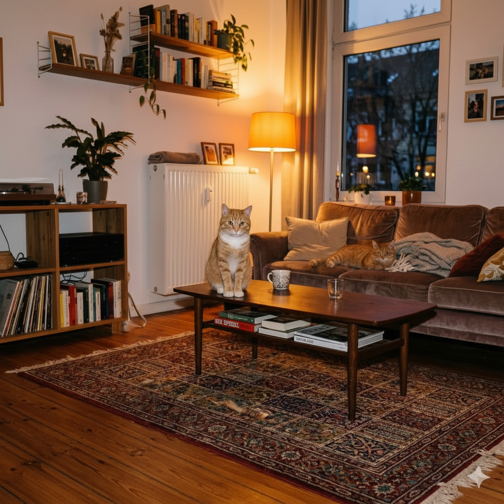 Eine Katze hat ihre fünf Minuten und springt abends wild durch das Wohnzimmer