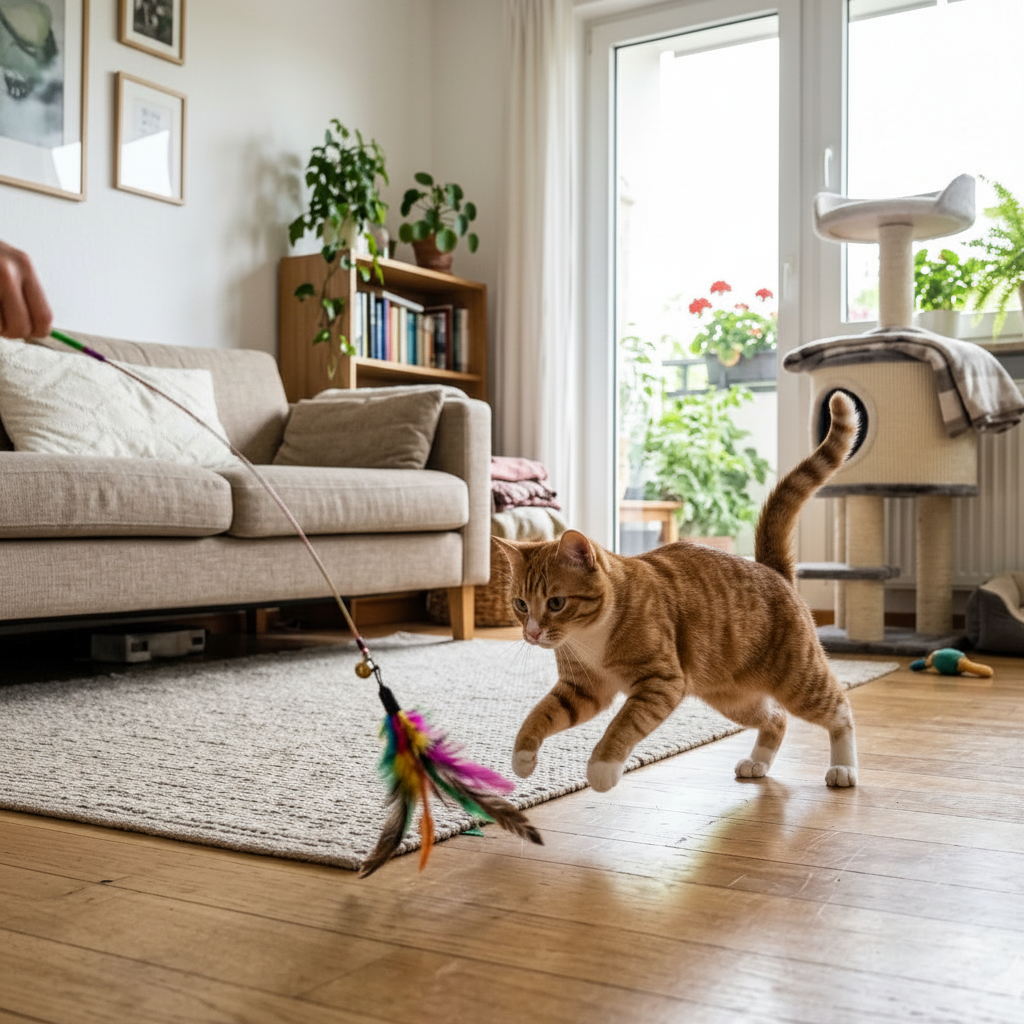Katze spielt mit Katzenspielzeug, aktive Hauskatze im hellen Wohnzimmer, Haustier-Beschäftigung.